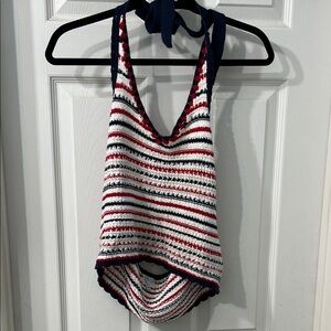 Blue Rain Crochet Striped Halter Top – Red White Blue Size M